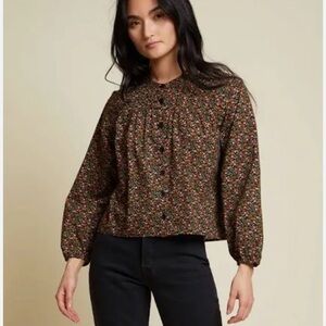 NATION LTD Paisley Pintuck Crop Button Front Blouse Shirt Pima Cotton Sz Small